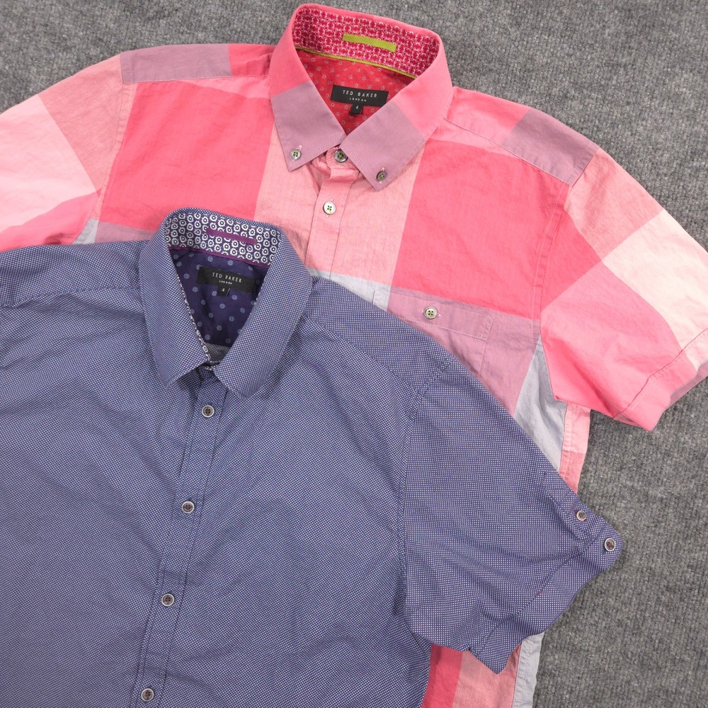 Lot of 2 Ted Baker London Shirts Mens Large 4 Pink Blue Patterned Short Sleeve